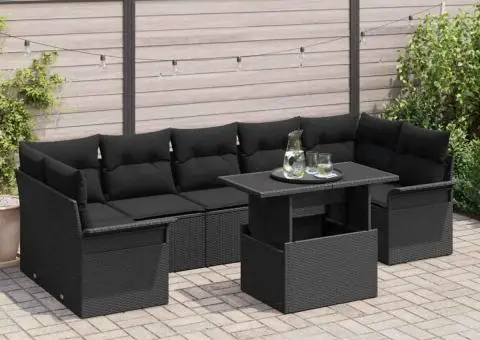 Set de canapele de grădină din 8 piese cu perne, negru, din ratan sintetic - 1/5
