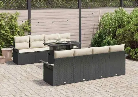 Set canapea grădină 9 piese cu perne, rattan poly negru - 1/5