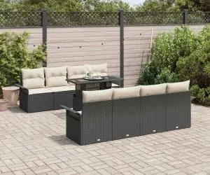 Set canapea grădină 9 piese cu perne, rattan poly negru