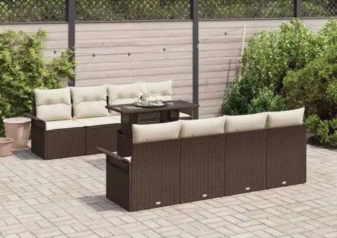 Set de canapele de grădină cu 9 piese și perne maro din ratan sintetic - 1/5