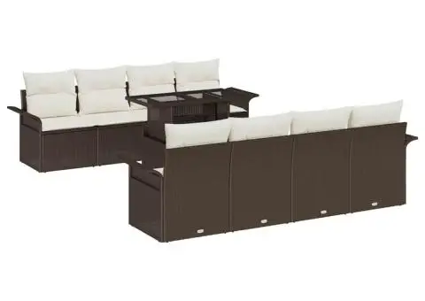 Set de canapele de grădină cu 9 piese și perne maro din ratan sintetic - 2/5