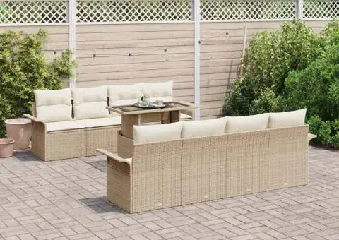 Set de Canapea de Grădină cu 9 Piese și Perne Bej din Ratan Poliester - 1/5