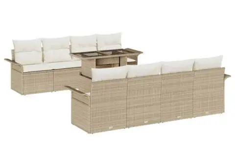 Set de Canapea de Grădină cu 9 Piese și Perne Bej din Ratan Poliester - 2/5