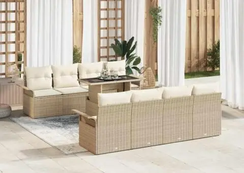 Set de Canapea de Grădină cu 9 Piese și Perne Bej din Ratan Poliester - 3/5