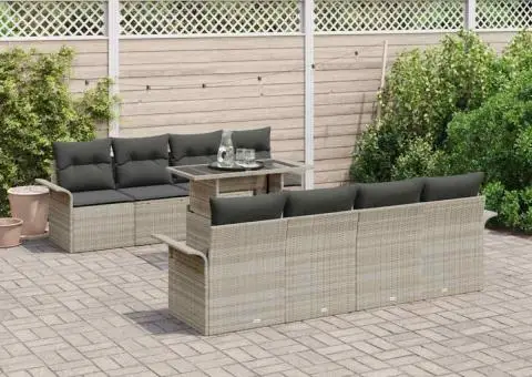 Set de canapea de grădină cu 9 piese și perne gri deschis din rattan poliesteric - 1/5