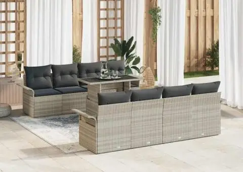 Set de canapea de grădină cu 9 piese și perne gri deschis din rattan poliesteric - 3/5