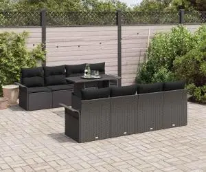 Set de canapele de grădină 9 piese cu perne, ratan poly negru