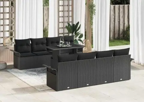 Set de canapele de grădină 9 piese cu perne, ratan poly negru - 3/5