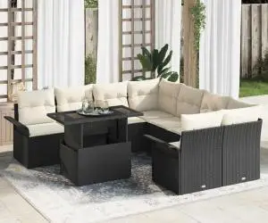 Set de canapea de grădină 9 piese cu perne Negru Rattan