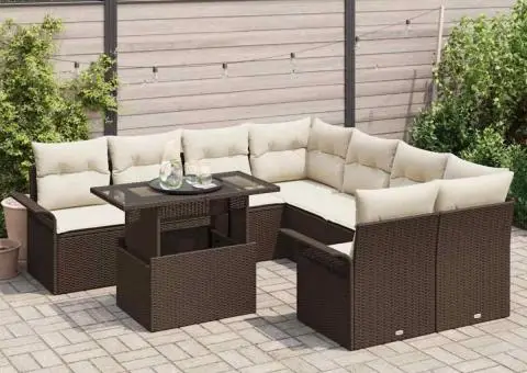 Set de canapea de grădină cu 9 piese și perne, maro, rattan polițat - 3/5