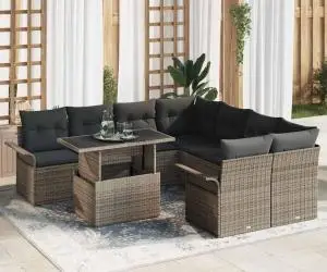 Set de canapea pentru grădină , 9 piese, gri, din ratan sintetic, cu perne