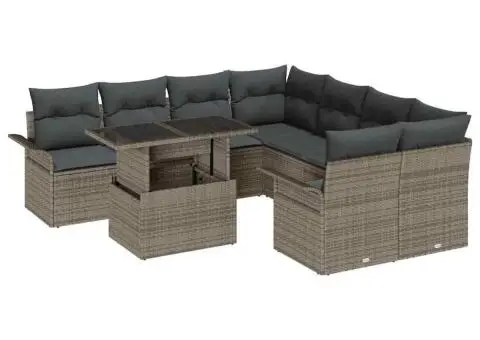 Set de canapea pentru grădină , 9 piese, gri, din ratan sintetic, cu perne - 2/5