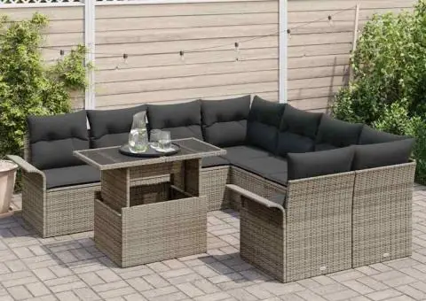 Set de canapea pentru grădină , 9 piese, gri, din ratan sintetic, cu perne - 3/5