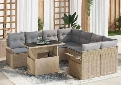 Set canapea grădină 9 piese cu perne bej din ratan sintetic - 1/5