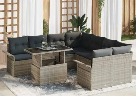 Set de canapea pentru grădină, 9 piese cu perne, gri deschis, din ratan poliesteric - 1/5