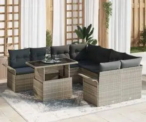 Set de canapea pentru grădină, 9 piese cu perne, gri deschis, din ratan poliesteric