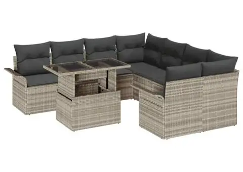 Set de canapea pentru grădină, 9 piese cu perne, gri deschis, din ratan poliesteric - 2/5