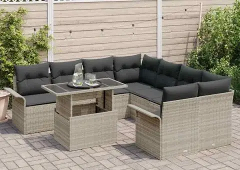 Set de canapea pentru grădină, 9 piese cu perne, gri deschis, din ratan poliesteric - 3/5