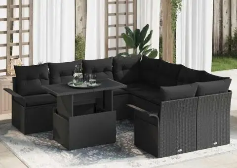 Set de canapea de grădină cu 9 piese și perne, Negru, din poli ratan - 1/5
