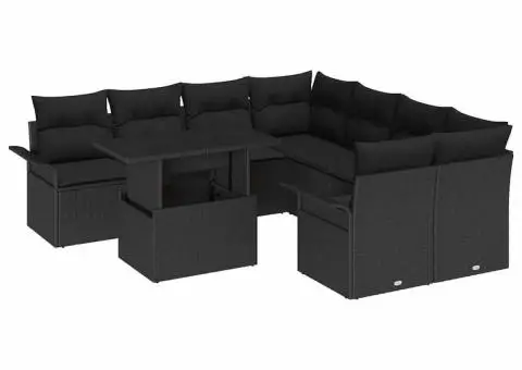 Set de canapea de grădină cu 9 piese și perne, Negru, din poli ratan - 2/5