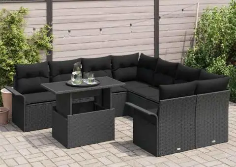 Set de canapea de grădină cu 9 piese și perne, Negru, din poli ratan - 3/5