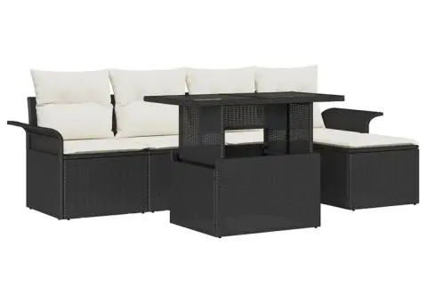 Set de canapea pentru grădină cu 6 piese și perne din rattan sintetic negru - 2/5