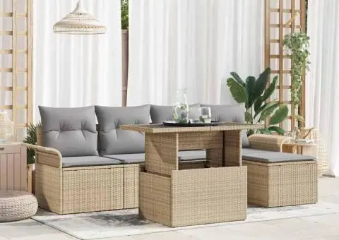 Set de canapea pentru grădină, 6 piese, cu perne bej din rattan. - 1/5