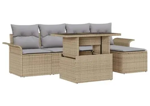 Set de canapea pentru grădină, 6 piese, cu perne bej din rattan. - 2/5