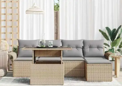 Set de canapea pentru grădină, 6 piese, cu perne bej din rattan. - 3/5