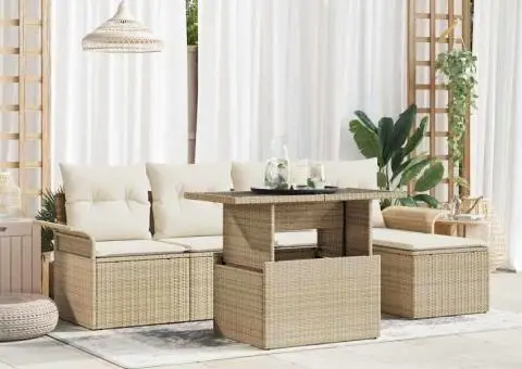 Set de canapea de grădină 6 piese cu perne bej din ratan polimeric - 1/5