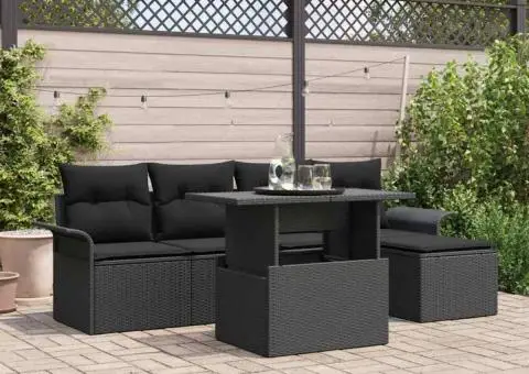 Set de canapea de grădină cu 6 piese și perne, Negru Poly Rattan - 1/5