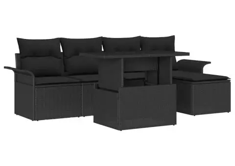 Set de canapea de grădină cu 6 piese și perne, Negru Poly Rattan - 2/5