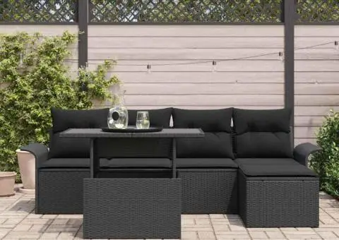 Set de canapea de grădină cu 6 piese și perne, Negru Poly Rattan - 3/5