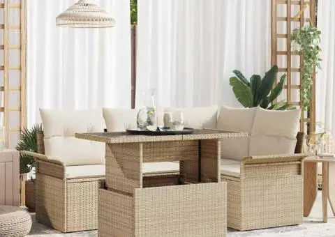 Set 5 Piese Canapea pentru Grădină cu Pernuțe Bej Ratan Polietilenic - 1/5