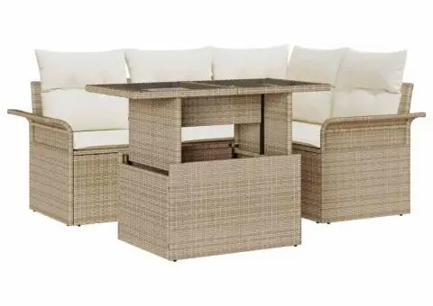 Set 5 Piese Canapea pentru Grădină cu Pernuțe Bej Ratan Polietilenic - 2/5