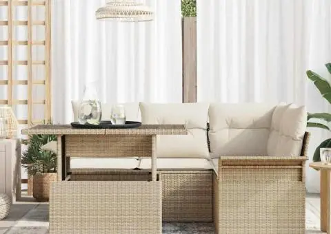 Set 5 Piese Canapea pentru Grădină cu Pernuțe Bej Ratan Polietilenic - 3/5