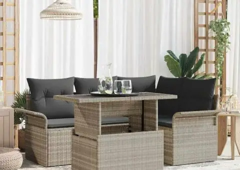 Set Canapea din 5 Piese cu Perne Gri Deschis Rattan Polimeric - 1/5