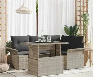 Set Canapea din 5 Piese cu Perne Gri Deschis Rattan Polimeric