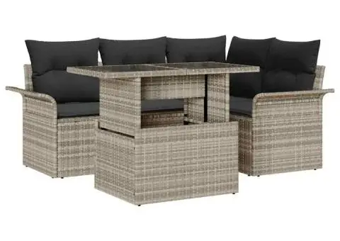 Set Canapea din 5 Piese cu Perne Gri Deschis Rattan Polimeric - 2/5