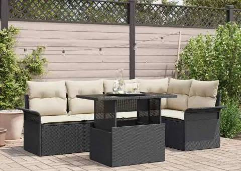 Set de mobilă de grădină 6 piese cu perne, din rattan negru - 1/5