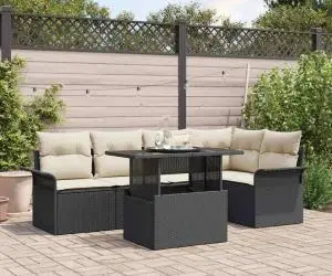 Set de mobilă de grădină 6 piese cu perne, din rattan negru