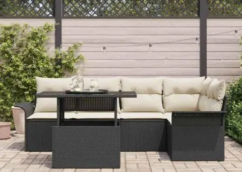 Set de mobilă de grădină 6 piese cu perne, din rattan negru - 3/5