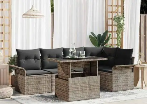 Set de canapea de grădină cu 6 piese și perne, gri, din rattan poliesteric - 1/5