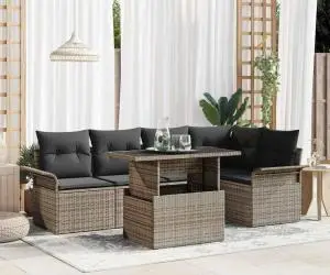 Set de canapea de grădină cu 6 piese și perne, gri, din rattan poliesteric