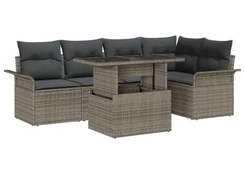 Set de canapea de grădină cu 6 piese și perne, gri, din rattan poliesteric - 2/5