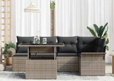 Set de canapea de grădină cu 6 piese și perne, gri, din rattan poliesteric - 3/5