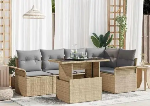 Set de canapea de grădină cu 6 piese și perne bej din ratan - 1/5