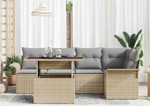 Set de canapea de grădină cu 6 piese și perne bej din ratan - 3/5