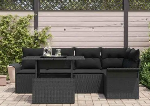 Set canapea grădină 6 piese și perne Negru, Poly Rattan - 3/5