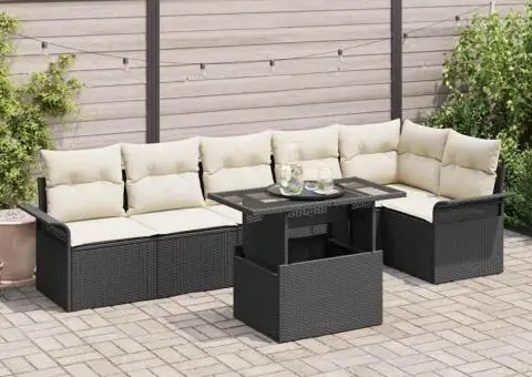 Set de canapea de grădină cu 7 piese cu perne negre din poliratan - 1/5